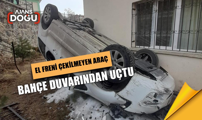 El freni çekilmeyen araç bahçe duvarından uçtu