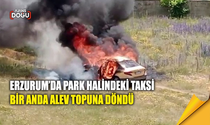 Erzurum’da park halindeki taksi bir anda alev topuna döndü