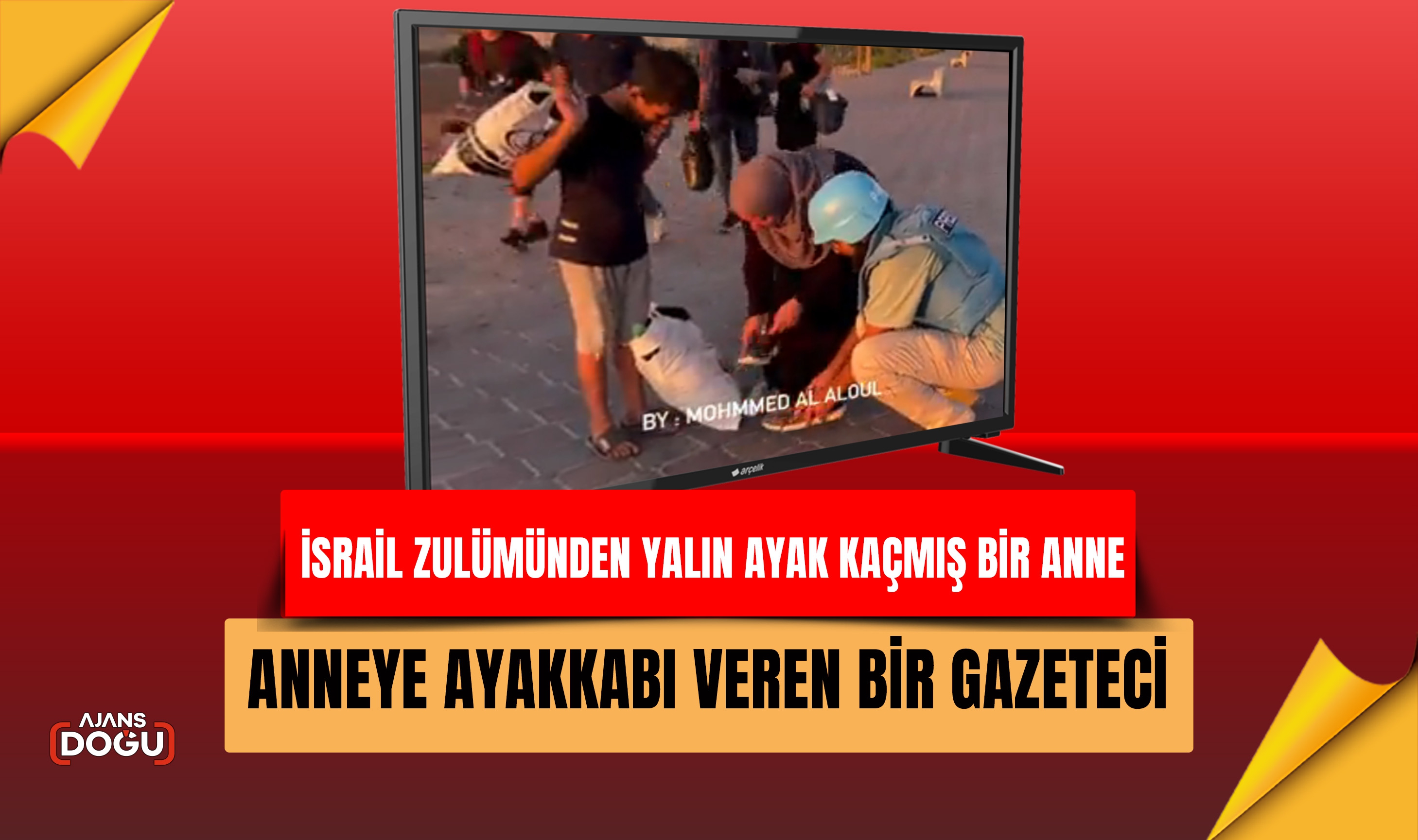 İsrail zulümünden yalın ayak kaçmış Gazze'li bir anneye ayakkabı veren bir gazeteci.